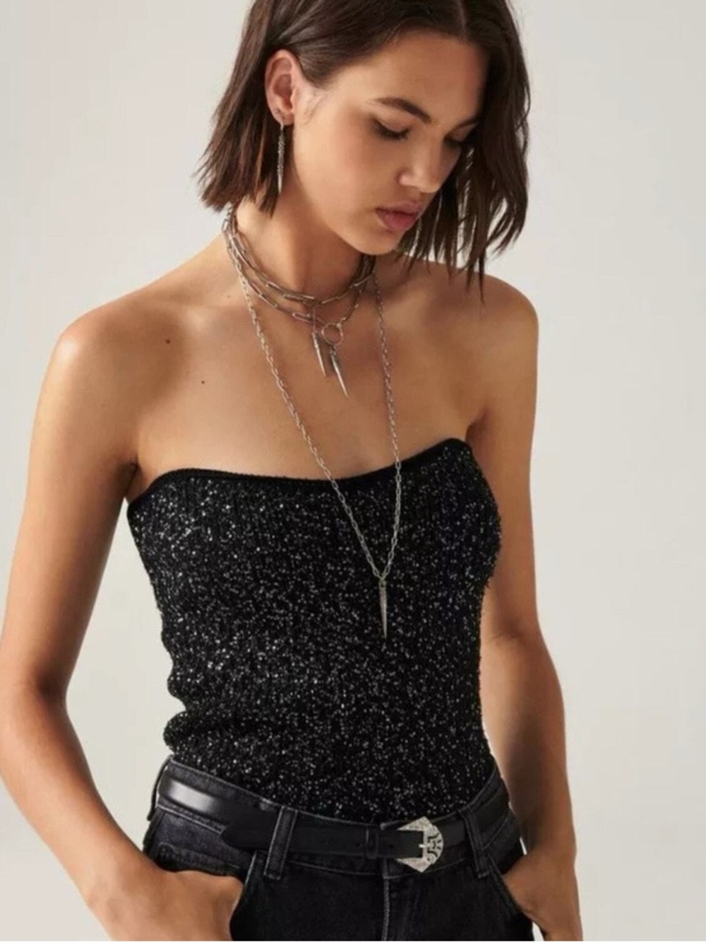 Ba&sh Puck Pull Sequined Knit Strapless Tube Top, Black – Size Large